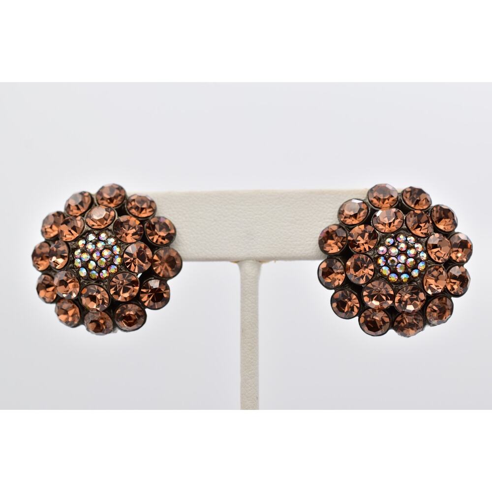 Tara Vintage Brown Crystal Rhinestone Cluster Clip On Flower Earrings AB BinAO